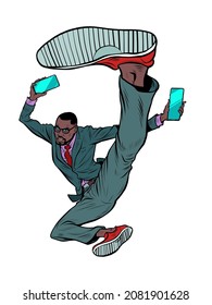 kick jump black businessman with smartphone, success energy leader. Martial arts, karate and Wushu