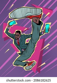 kick jump black businessman with smartphone, success energy leader. Martial arts, karate and Wushu