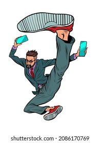 kick jump businessman with smartphone, success energy leader. Martial arts, karate and Wushu