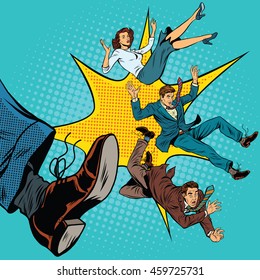 Kick leg, dismissal, pop art retro comic book vector illustration. Politics and elections