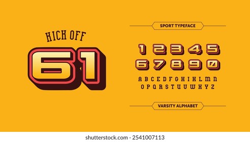 Kick Off 61: Retro sports-style number font inspired by jersey designs. Includes uppercase alphabet. Great for athletic branding. Vector illustration.