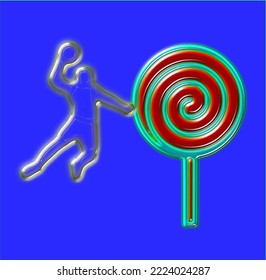 Kick Right Into The Lollipop.A Clever Concept For A Window Show.Vector Image, Blue Background.