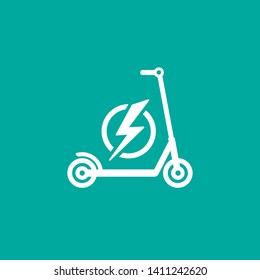 kick scooter or balance bike with lightning bolt icon. Flat push scooter isolated on blue. Vector charge illustration. Eco transport symbol. Healthy journey. Ecology.  Hipster. 