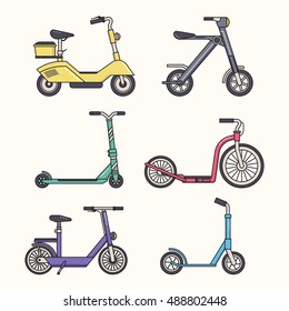 Kick scooter and balance bikes set. Eco alternative city transport and urban green vehicles.Thin line design biking and rolling wheels. Balance bikes, electric scooters and push cycles collection.