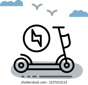 Kick Scooter Charge Concept, mobile app ui element, Electric Bike with Charge signage Vector Icon Design, Green transport, Eco Motorized scooty Sign, push-scooter and street vehicle stock illustration