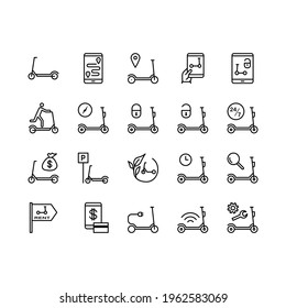 Kick scooter and electric scooter flat line icons set. Rental, sharing service, mobile app, parking, eco transport, pointer simple vector illustration. Outline sign for mobile concept and web design