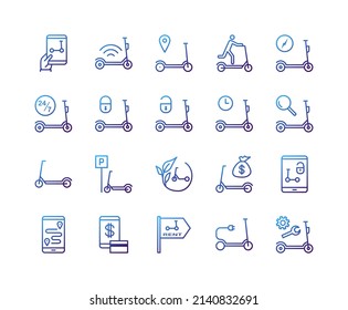 Kick scooter and electric scooter flat line icons set. Rental, sharing service, mobile app, parking, eco transport, pointer simple vector illustration.Outline sign for mobile concept and web design