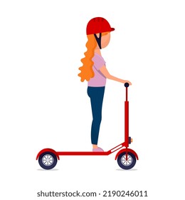 Kick scooter. The girl rides a 
kick scooter. Girl in a helmet riding a kick scooter