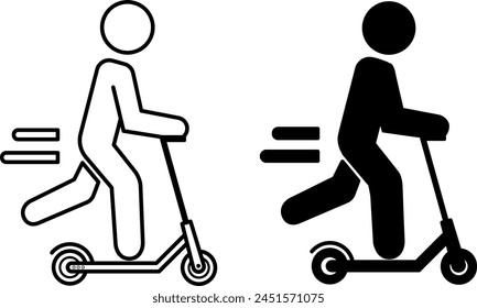 Kick Scooter-Symbole. Schwarz-Weiß Vektor-Ikonen eines Mannes, der einen Tretroller fährt. Verkehrskonzept