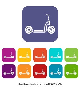 Kick scooter icons set vector illustration in flat style in colors red, blue, green, and other