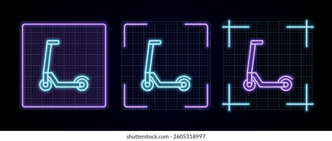 Kick Scooter illustration, cyber neon visual, glowing border grid vector.