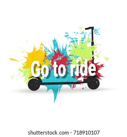 Kick scooter on background with color spots. Banner. Grunge vector illustration