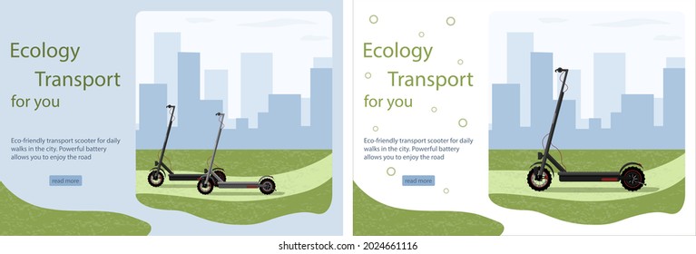 Kick scooter on road. Ecology transport poster or banner for website. Set concept landing page, web page design for website. Flat vector illustration. 