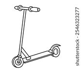 Kick Scooter Outline Vector Illustration. The image is a black and white outline drawing of a kick scooter. The scooter features two wheels, a flat deck, and a T-shaped handlebar.