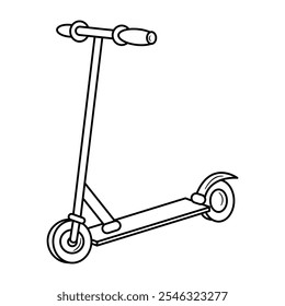 Kick Scooter Outline Vector Illustration. The image is a black and white outline drawing of a kick scooter. The scooter features two wheels, a flat deck, and a T-shaped handlebar.