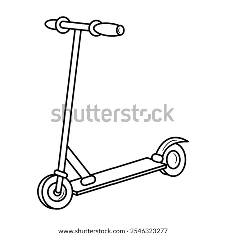 Kick Scooter Outline Vector Illustration. The image is a black and white outline drawing of a kick scooter. The scooter features two wheels, a flat deck, and a T-shaped handlebar.