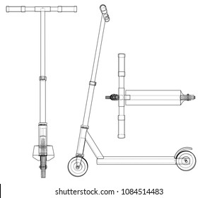Kick scooter outline. Vector rendering of 3d. Wire-frame style. The layers of visible and invisible lines are separated