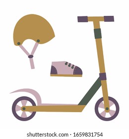 Kick scooter. Push scooter. Helmet and sneaker. Vector illustration. 
