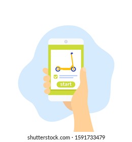 kick scooter sharing app, phone in hand, vector