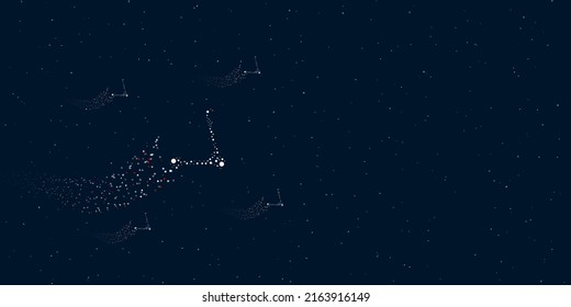 A kick scooter symbol filled with dots flies through the stars leaving a trail behind. There are four small symbols around. Vector illustration on dark blue background with stars