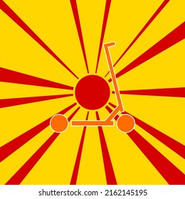 Kick scooter symbol on a background of red flash explosion radial lines. The large orange symbol is located in the center of the sun, symbolizing the sunrise. Vector illustration on yellow background