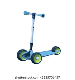 Kick scooter with three wheels for kids vector illustration. Cartoon isolated kickboard scooter for preschool boys and girls to skate and play in summer park, push transport of active toddlers