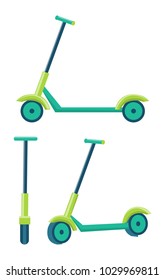 Kick scooters from different angles set of push scooter human-powered land vehicles with a handlebar, deck and wheels vector illustration icons