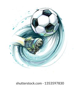 Kick a soccer ball. Leg and football ball from splash of watercolors. Vector illustration of paints