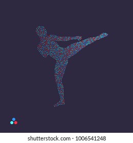 Kickbox Fighter Preparing To Execute A High Kick. Silhouette Of A Fighting Man. Dotted Silhouette Of Person. Vector Illustration. 