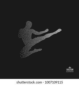 Kickbox Fighter Preparing To Execute A High Kick. Silhouette Of A Fighting Man. Dotted Silhouette Of Person. Vector Illustration. 