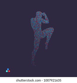 Kickbox fighter preparing to execute a high kick. Silhouette of a fighting man. Dotted silhouette of person. Vector illustration. 