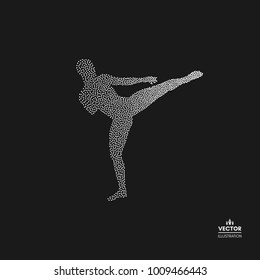 Kickbox Fighter Preparing To Execute A High Kick. Silhouette Of A Fighting Man. Dotted Silhouette Of Person. Vector Illustration. 