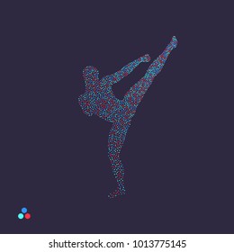 Kickbox Fighter Preparing To Execute A High Kick. Silhouette Of A Fighting Man. Dotted Silhouette Of Person. Vector Illustration. 