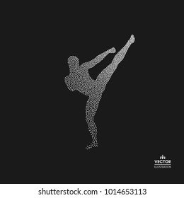 Kickbox Fighter Preparing To Execute A High Kick. Silhouette Of A Fighting Man. Dotted Silhouette Of Person. Vector Illustration. 