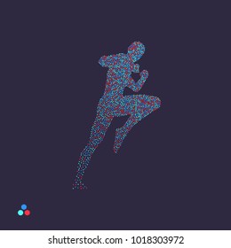 Kickbox Fighter Preparing To Execute A High Kick. Silhouette Of A Fighting Man. Dotted Silhouette Of Person. Vector Illustration. 