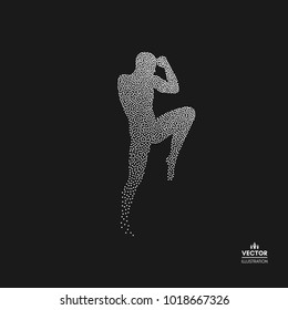 Kickbox Fighter Preparing To Execute A High Kick. Silhouette Of A Fighting Man. Dotted Silhouette Of Person. Vector Illustration. 