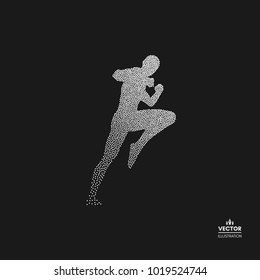 Kickbox Fighter Preparing To Execute A High Kick. Silhouette Of A Fighting Man. Dotted Silhouette Of Person. Vector Illustration. 