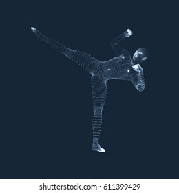Kickbox Fighter Preparing to Execute a High Kick. Fitness, Sport, Training and Martial Arts Concept. 3D Model of Man. Human Body. Design Element. Vector Illustration.
