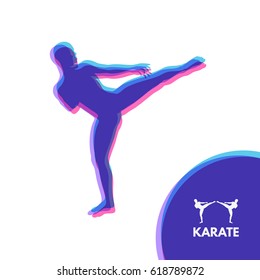 Kickbox fighter preparing to execute a high kick. Silhouette of a fighting man. Design template for Sport. Emblem for training. Vector Illustration. 