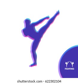 Kickbox fighter preparing to execute a high kick. Silhouette of a fighting man. Design template for Sport. Emblem for training. Vector Illustration.