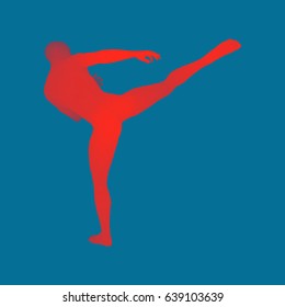 Kickbox Fighter Preparing to Execute a High Kick. Fitness, Sport, Training and Martial Arts Concept. 3D Model of Man. Human Body. Design Element. Vector Illustration.