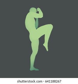 Kickbox Fighter Preparing to Execute a High Kick. Fitness, Sport, Training and Martial Arts Concept. 3D Model of Man. Human Body. Design Element. Vector Illustration.