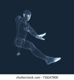 Kickbox Fighter Preparing to Execute a High Kick. Fitness, Sport, Training and Martial Arts Concept. 3D Model of Man. Human Body. Design Element. Vector Illustration.