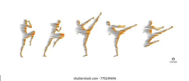 Kickbox fighter preparing to execute a high kick. Silhouette of a fighting man. Design template for sport. Emblem for training. Vector illustration. 