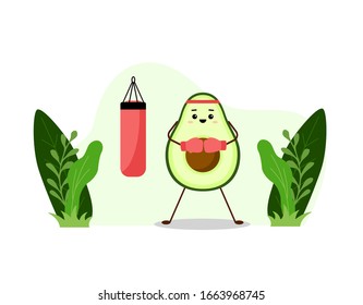 Kick-boxer avocado with red punching bag. Avocado character design on white background. Modern flat sport illustration. Cute design for greeting cards, stickers, fabric, websites and prints.