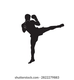 kickboxer silhouette in dynamic fighting stance on white background, sport concept