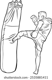 Kickboxer Training with Punching Bag Illustration