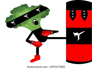 A kickboxing broccoli kicks a punching bag. Isolated on a white background.