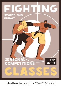 Kickboxing class event poster. Martial art school promotion design. Muay Thai boxers fight, grapple, kick. Advertising of boxing, professional sports training, sparrings. Flat vector illustration