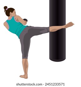 kickboxing, female boxer kicking a punching bag isolated on a white background